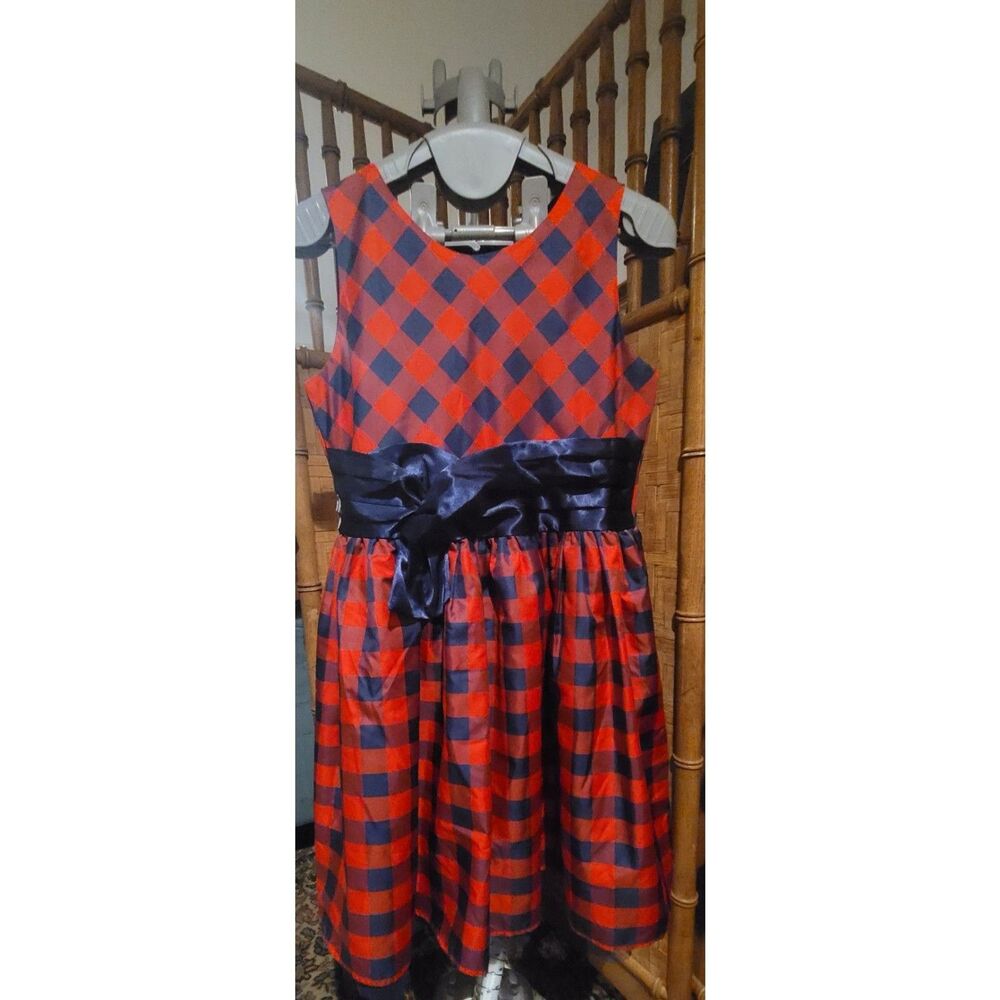 Cat & Jack Girls XL 16/18 Taffeta Holiday Dress Red Navy Blue Plaid Check Tulle - Picture 2 of 8